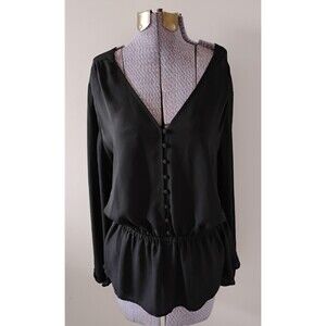 Worthington Black Peplum Top Blouse Women's Elastic Waist Sleeves Silky Office L